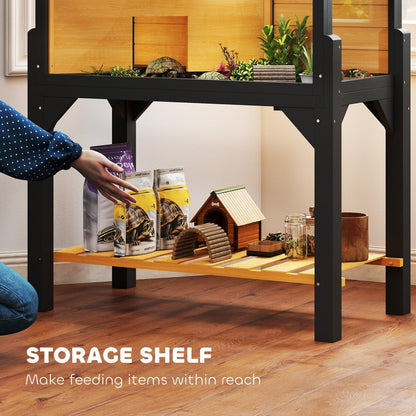 A close-up of the wooden storage shelf holding various pet food bags and small accessories