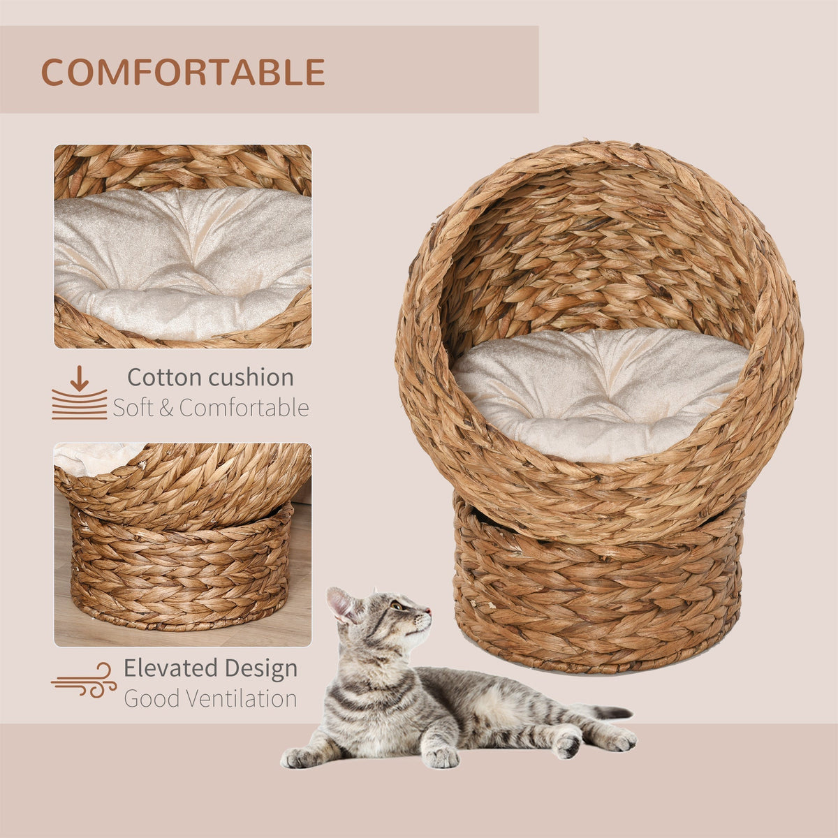 Close up of the comfortable cushion and elevated design of the woven banana leaf elevated cat bed