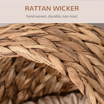 Close up of the hand-woven rattan wicker construction of the cat house