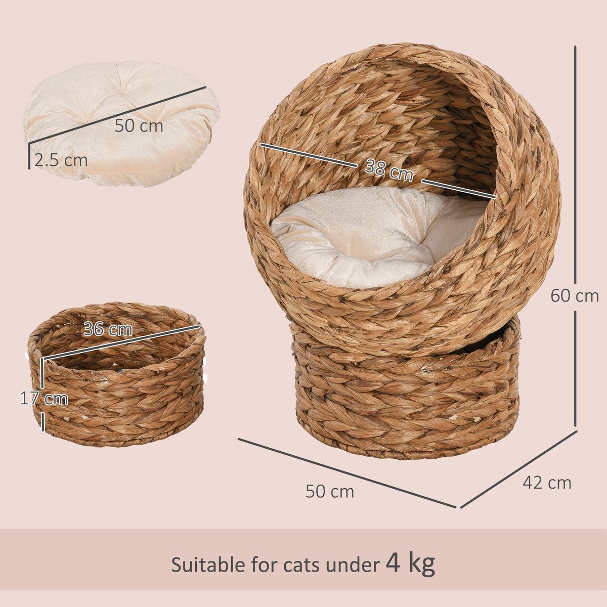 Dimensions of the woven banana leaf elevated cat bed, showing height, width and depth