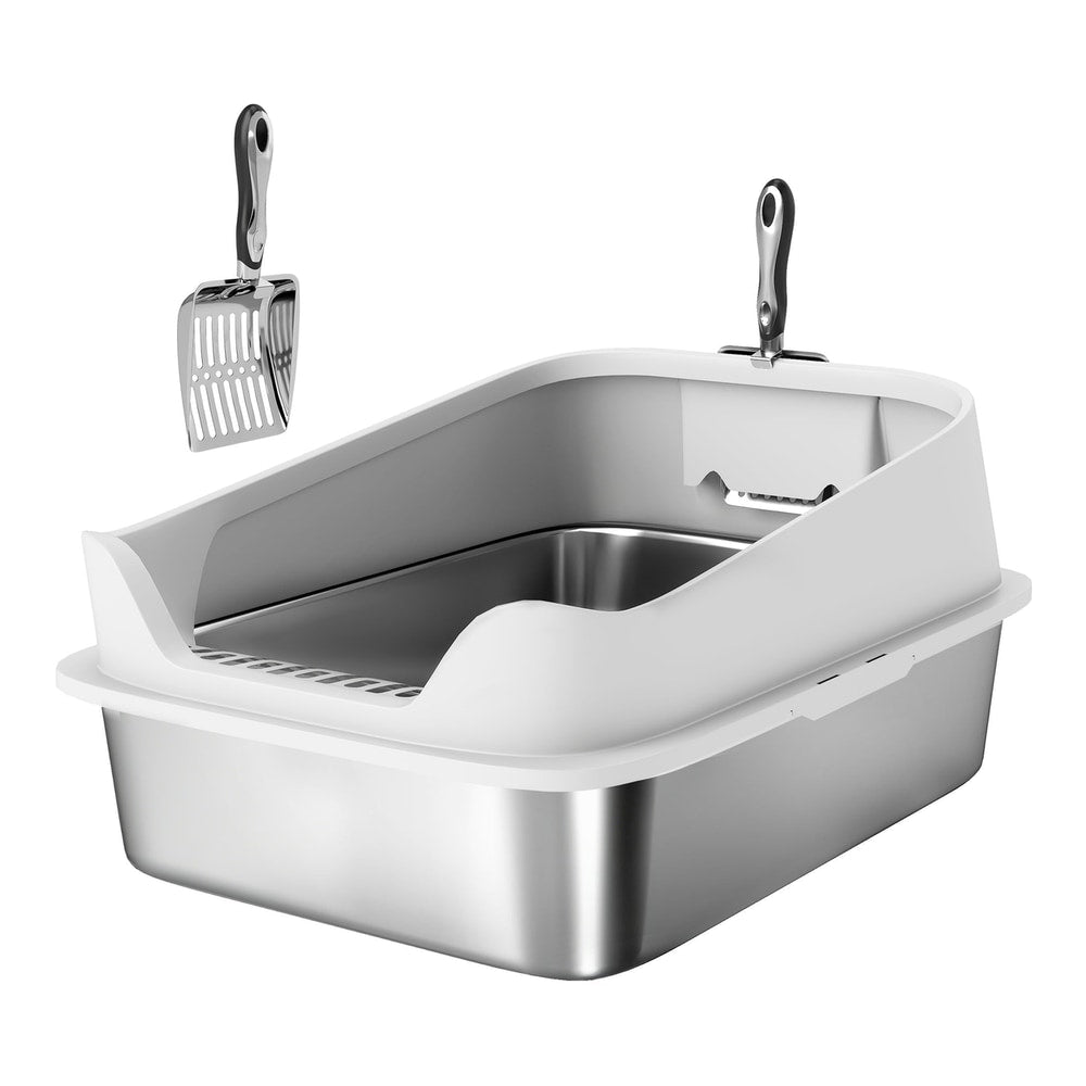 PawHut XL Stainless Steel Cat Litter Box with high sides and a metal scoop attached