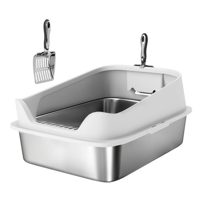 PawHut XL Stainless Steel Cat Litter Box with high sides and a metal scoop attached