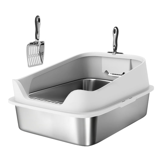 PawHut XL Stainless Steel Cat Litter Box with high sides and a metal scoop attached