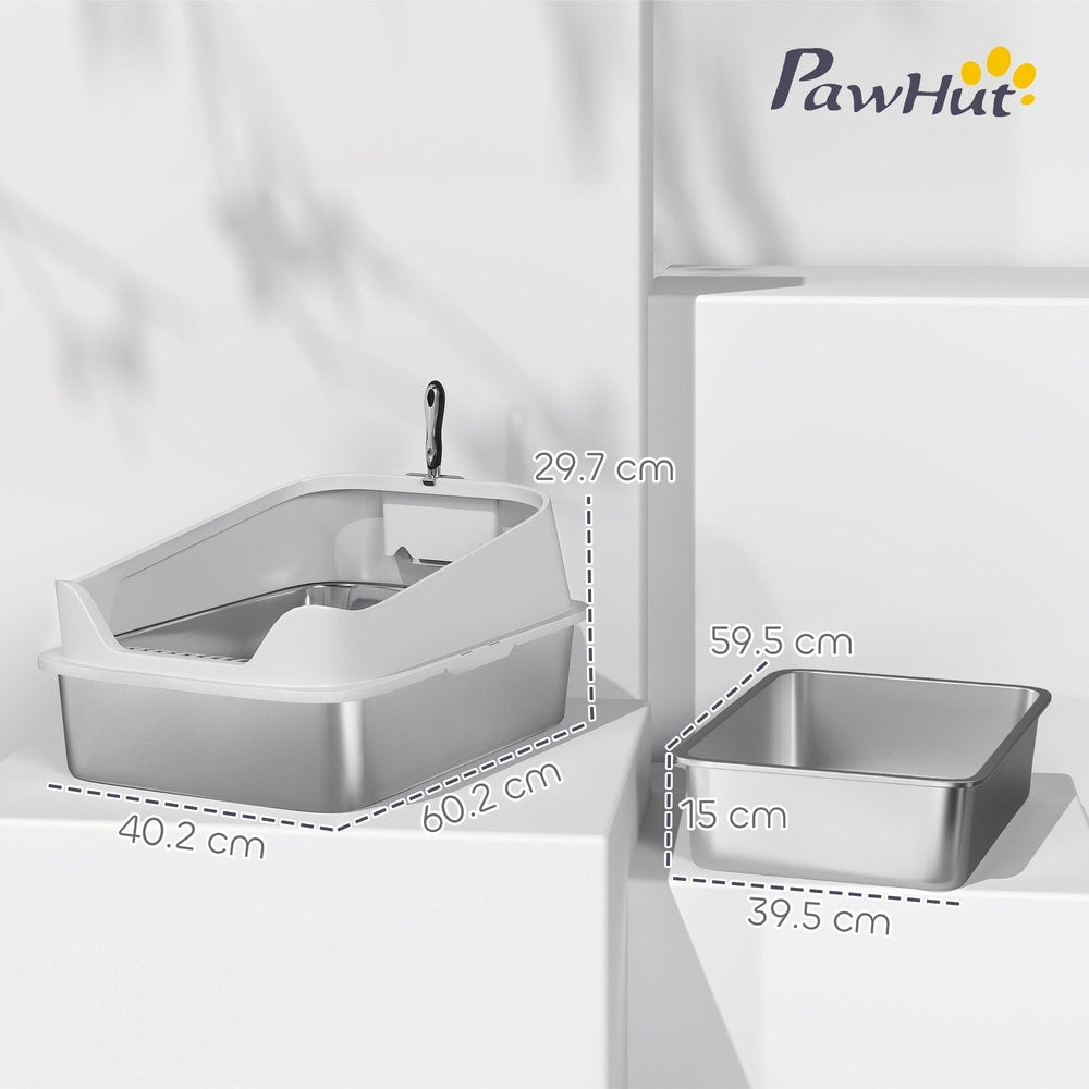 Dimensions of the stainless steel cat litter box shown with measurement lines
