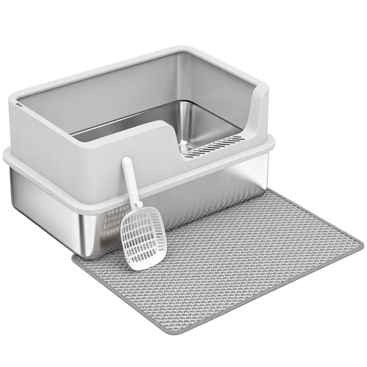 PawHut XL Stainless Steel Cat Litter Tray with Lid in Light Grey