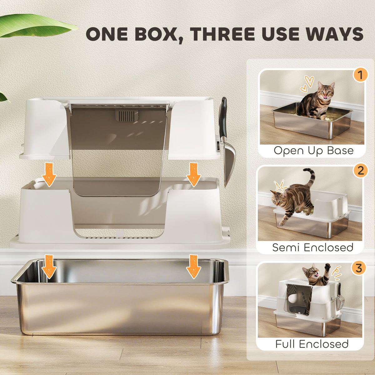 The cat litter box shown in three different assembly configurations for varied use