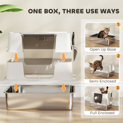 The cat litter box shown in three different assembly configurations for varied use