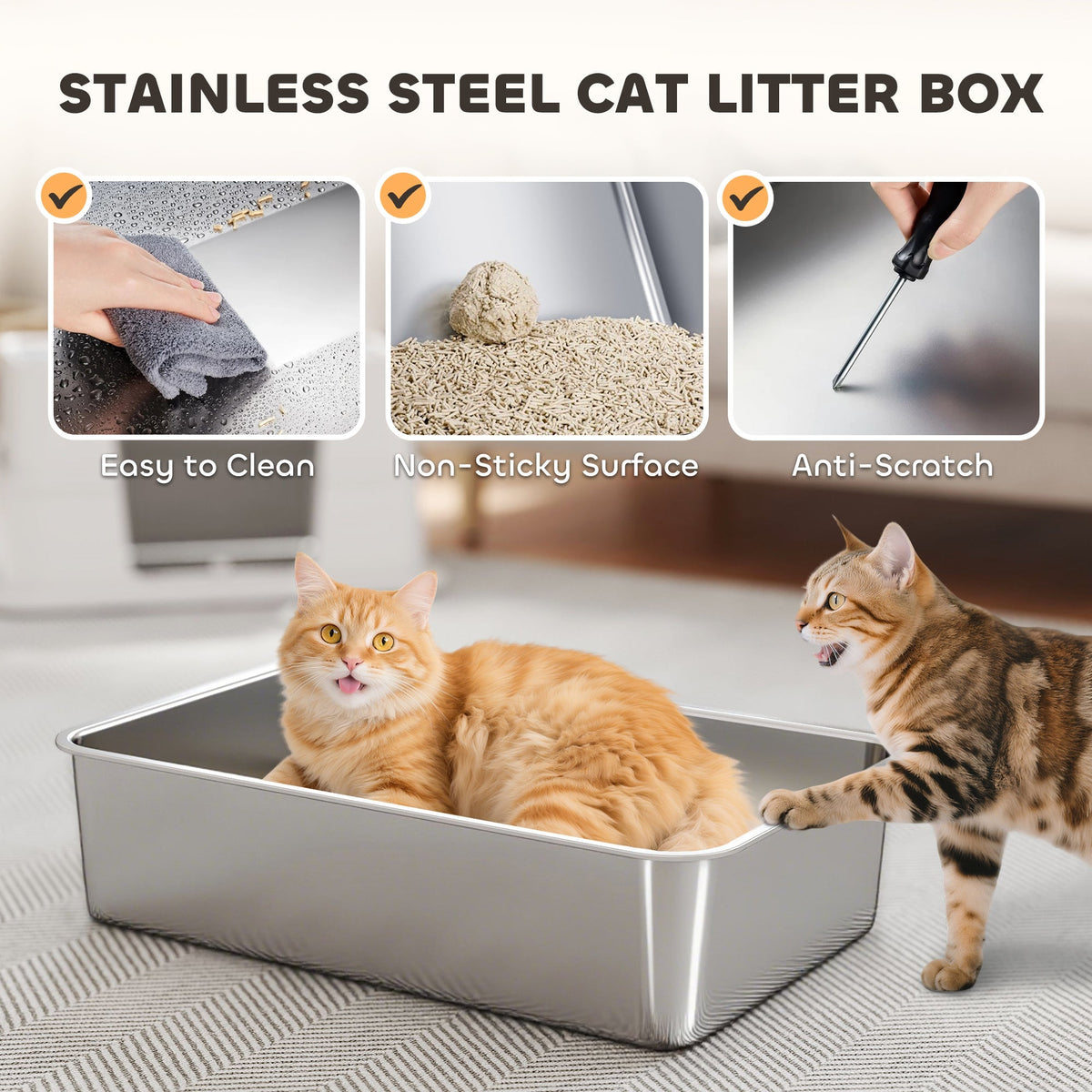 The cat litter box base showing cleaning, non-stick surface and scratch resistance