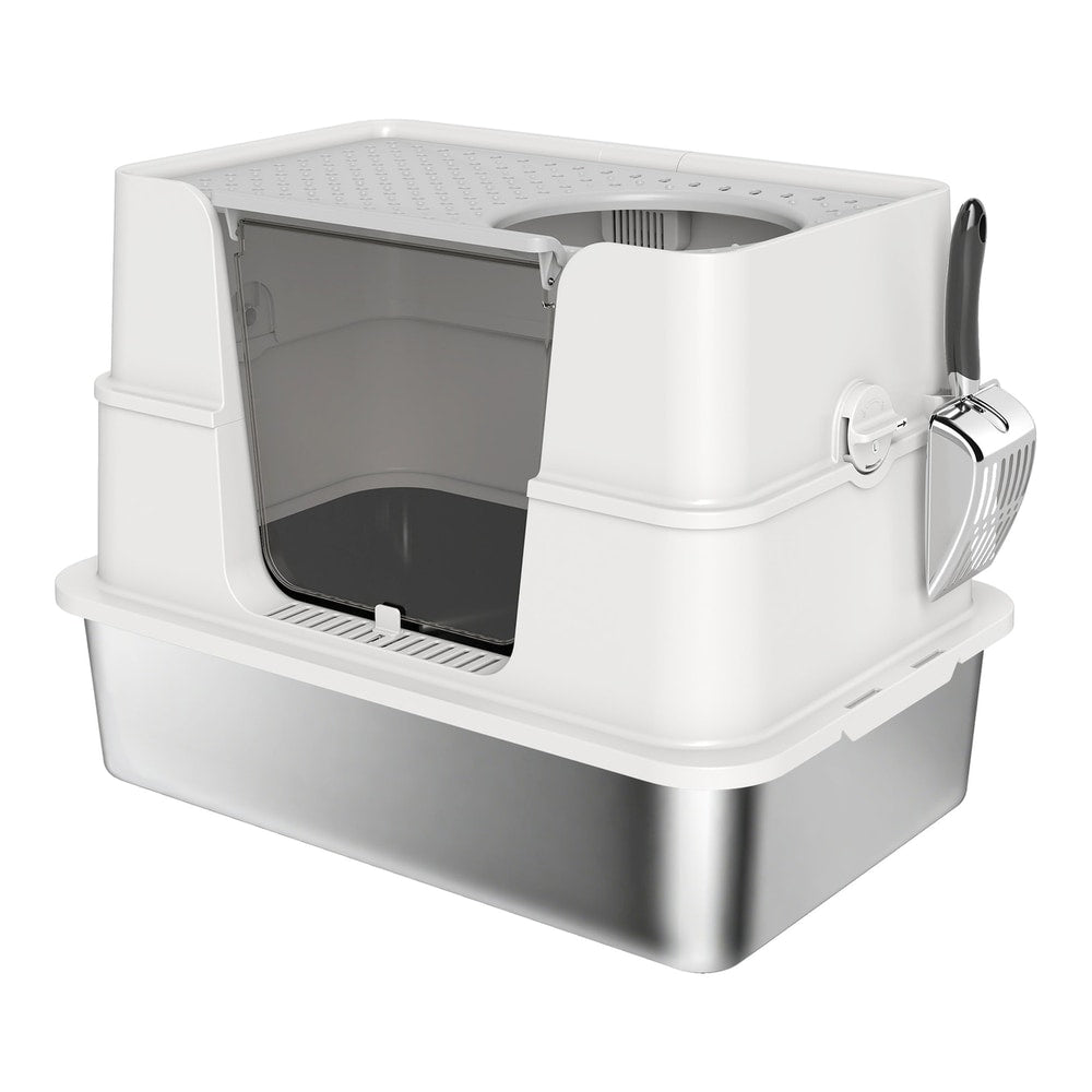 PawHut XL Stainless Steel Litter Box with a flip top lid and a scoop attached to the side