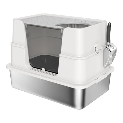PawHut XL Stainless Steel Litter Box with a flip top lid and a scoop attached to the side
