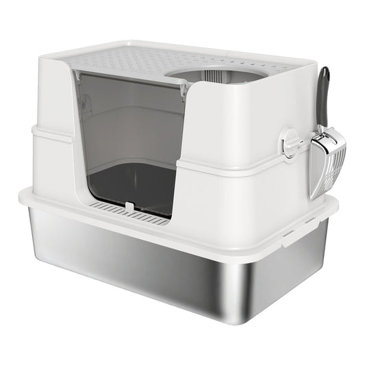 PawHut XL Stainless Steel Litter Box with a flip top lid and a scoop attached to the side