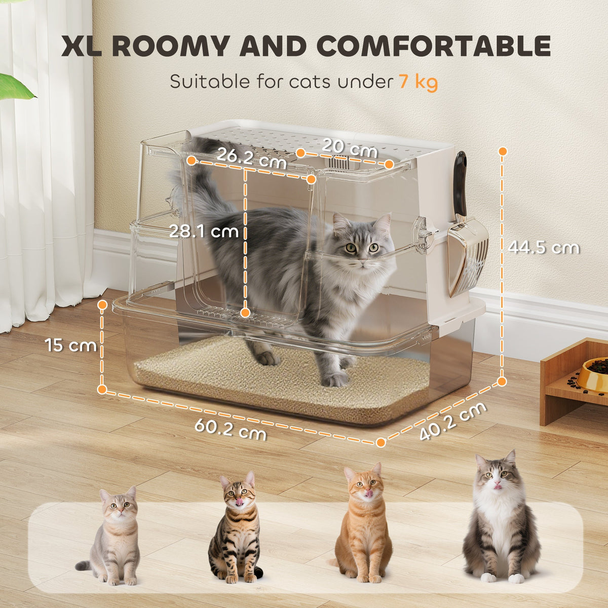 The cat litter box shown with transparent walls and various dimension lines for size