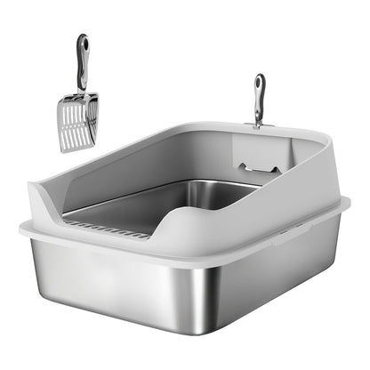 PawHut XXL Stainless Steel Cat Litter Box with high sides and metal scoop