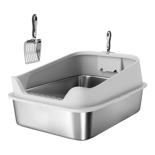 PawHut XXL Stainless Steel Cat Litter Box with high sides and metal scoop