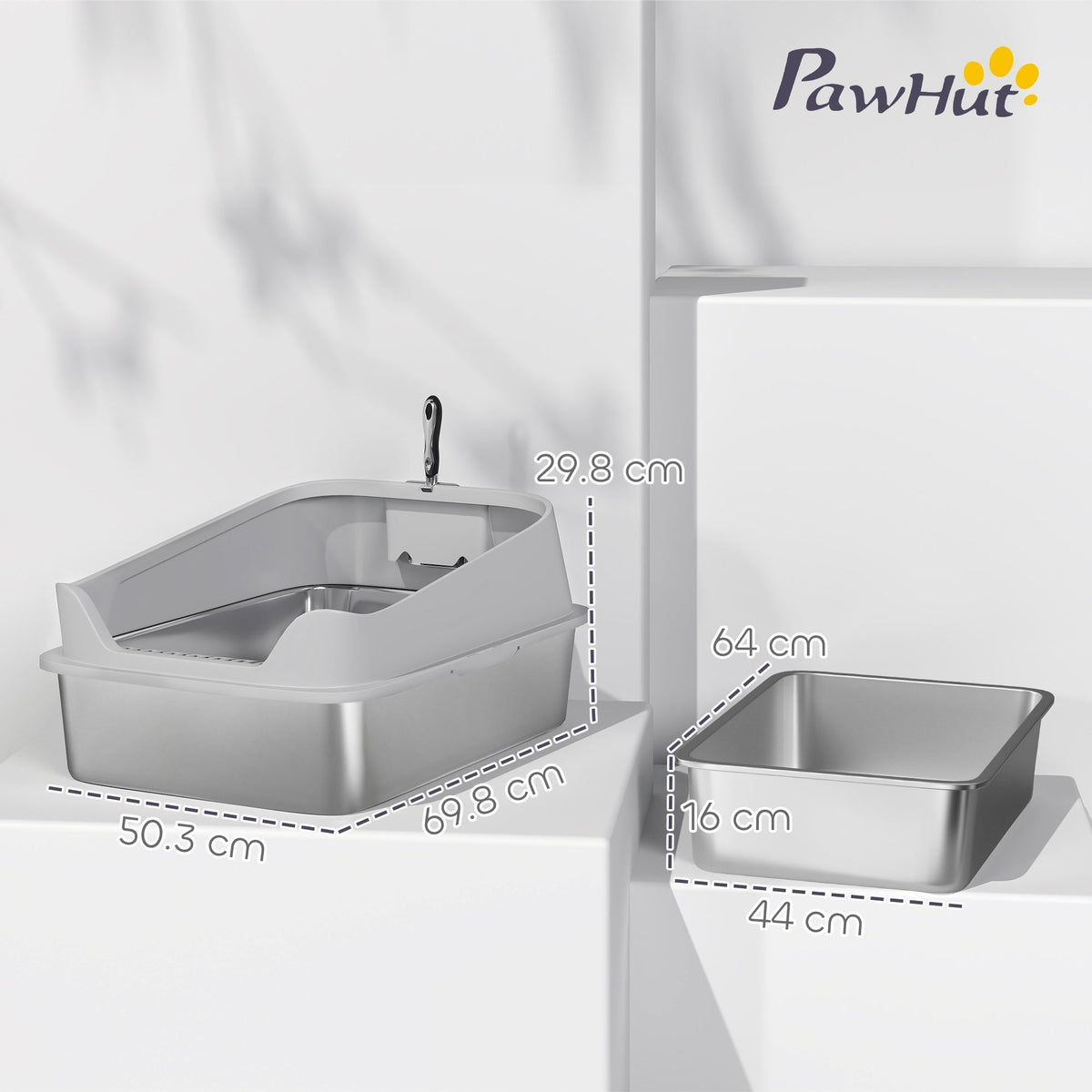 Dimensions of the large stainless steel cat litter box and a smaller tray