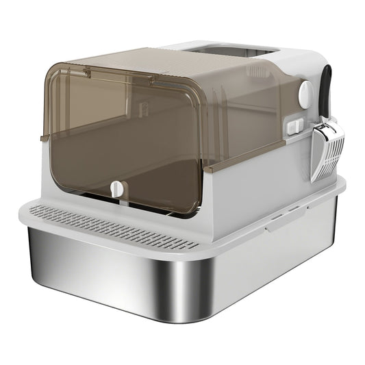 PawHut XXL Stainless Steel Cat Litter Tray, a grey enclosed cat litter box with a flip-up transparent lid and double doors