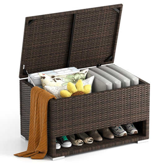 PE Rattan Storage Bin with an open lid showing cushions and a lower shelf filled with various shoes