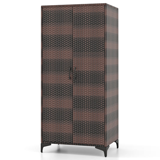 PE Rattan Wardrobe Armoire Closet with hanging rod and four storage cubes in brown