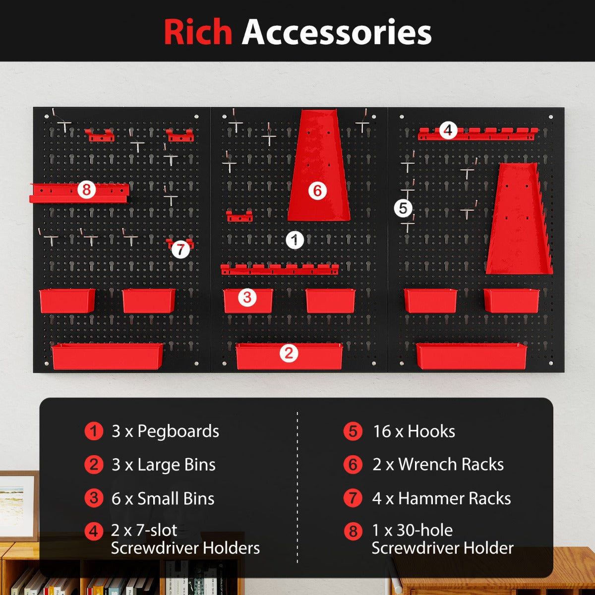 The parts rack organiser includes pegboards, bins, hooks and wrench racks