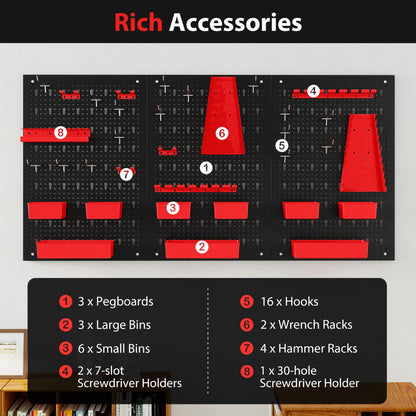The parts rack organiser includes pegboards, bins, hooks and wrench racks