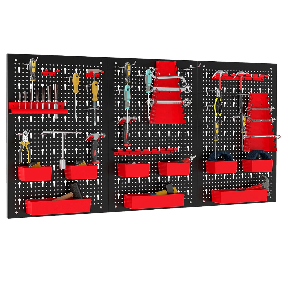The red and black pegboard organiser is shown with many small red bins attached