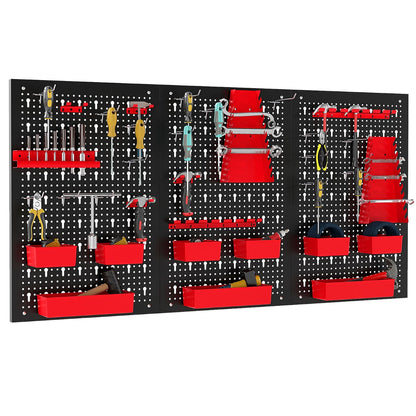 The red and black pegboard organiser is shown with many small red bins attached