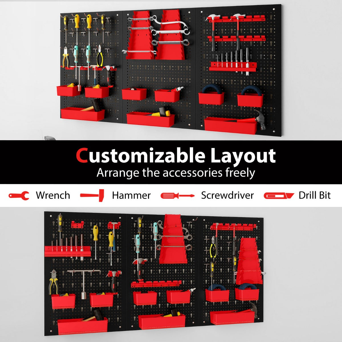 The pegboard wall organiser can be customised with different accessories