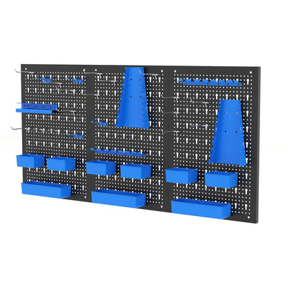 The wall storage system with blue bins and hooks attached to the panels