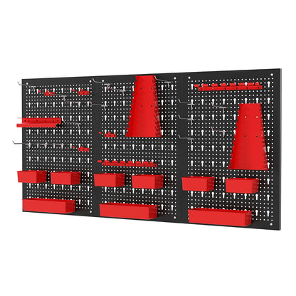Pegboard Wall 9-Bin Parts Rack Organizer Heavy-Duty Utility Tool Storage Board-Red with red bins and hooks