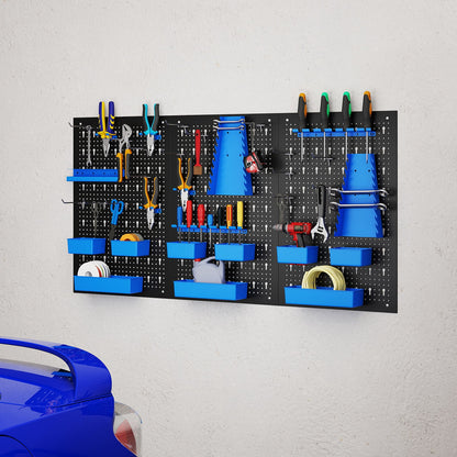 The tool organiser board mounted on a white wall above a blue car