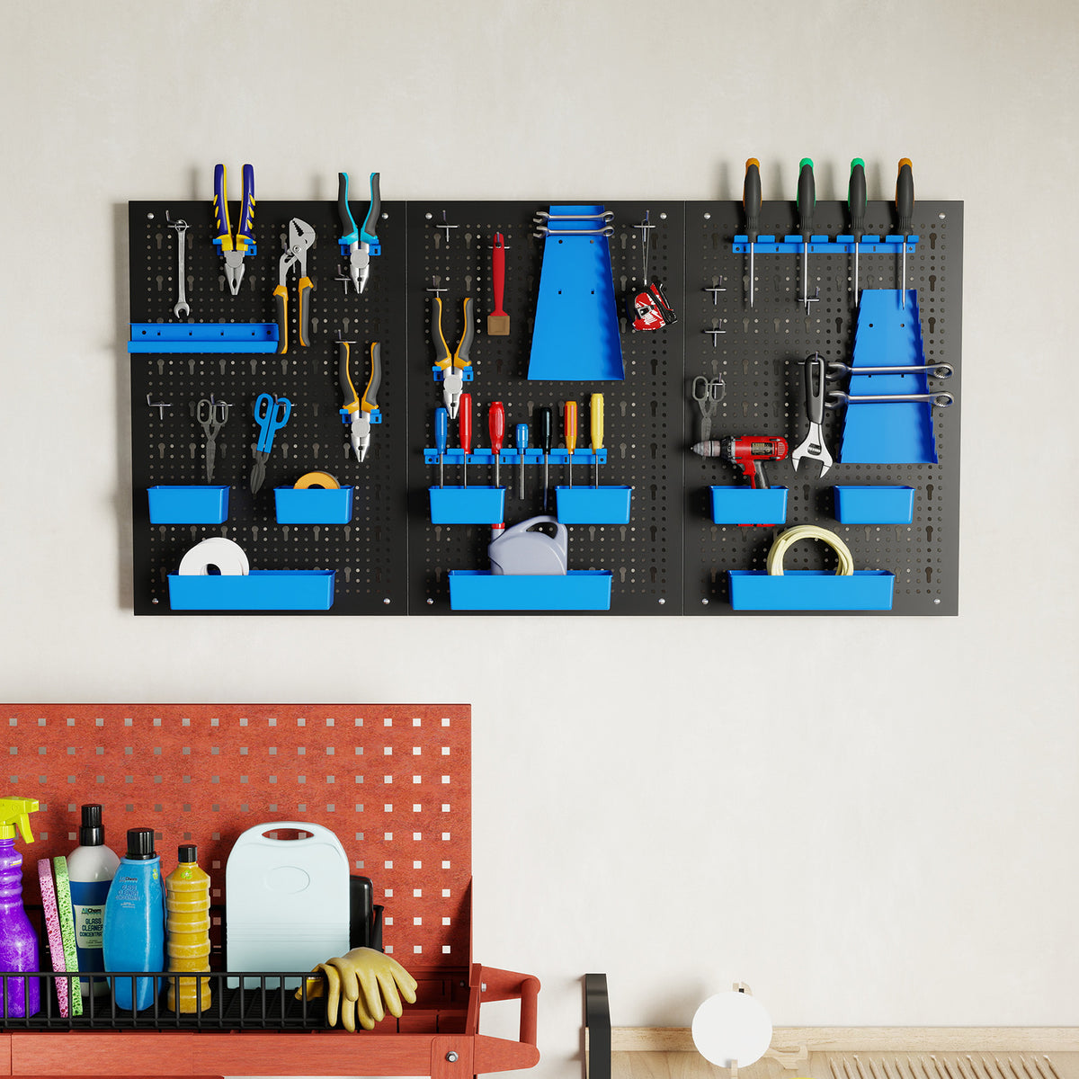 The garage storage board mounted on a plain wall above a red trolley