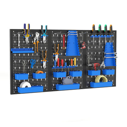 Pegboard Wall 9-Bin Parts Rack with tools and supplies organised on the black panels