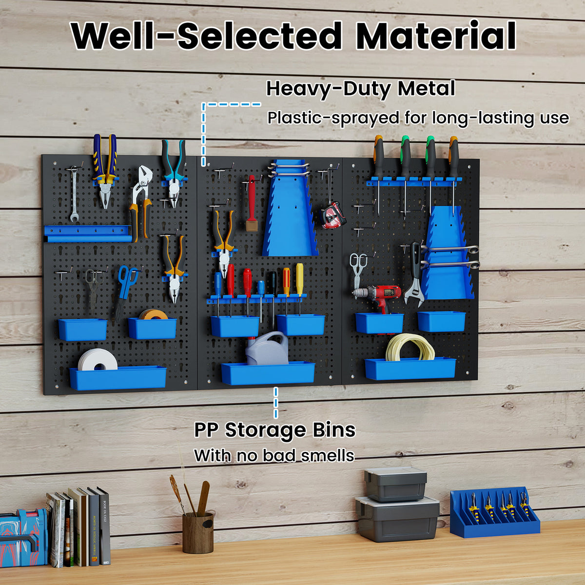 The garage storage board highlighting the metal and plastic materials used