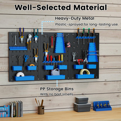 The garage storage board highlighting the metal and plastic materials used
