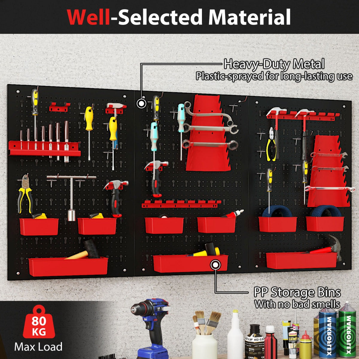 The heavy-duty utility tool storage board is shown with tools and supplies, including a drill and bottles