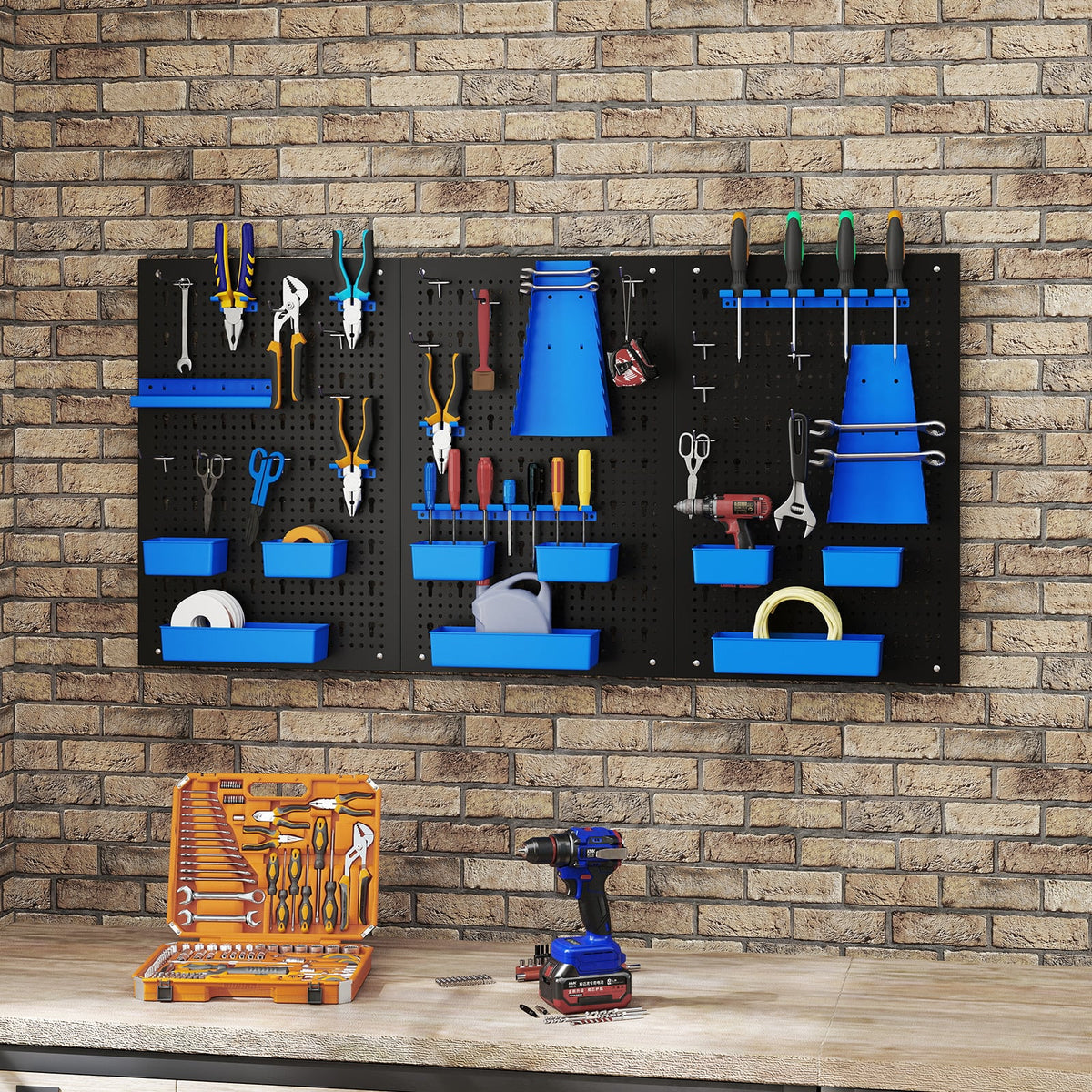 The tool organiser board fixed to a brick wall above a workbench