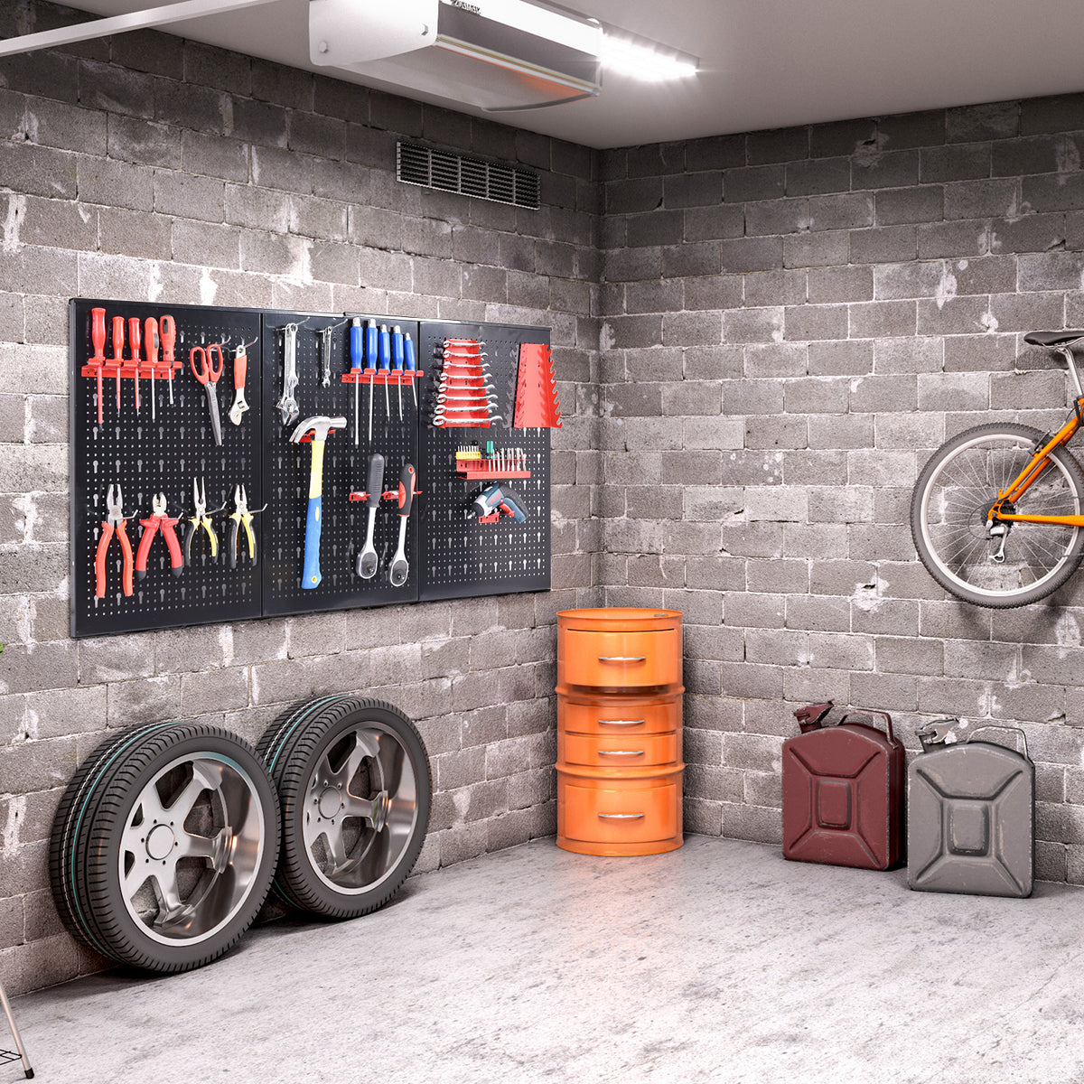 The pegboard wall organizer kit mounted on a garage wall with tools and accessories displayed