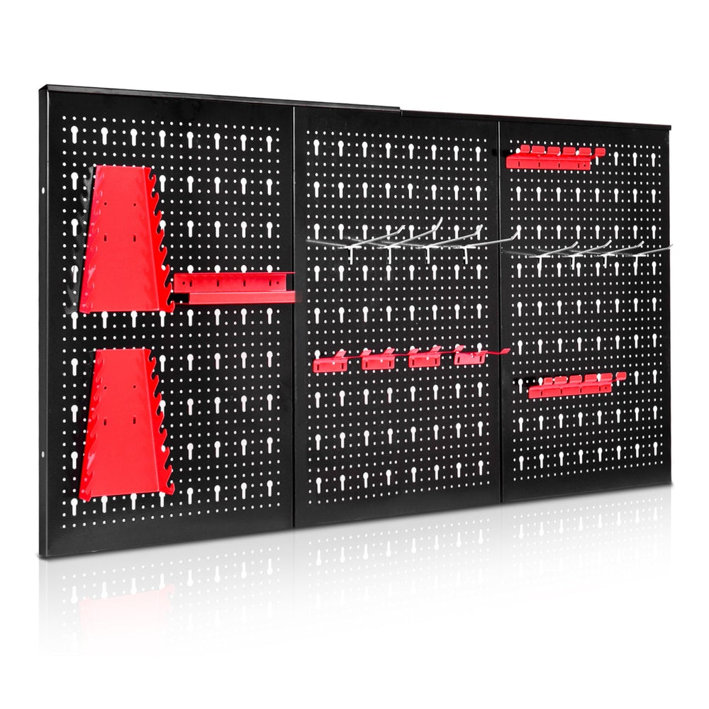 Pegboard Wall Organizer Kit with Drill Bit Storage Rack showing three black pegboards with red accessories