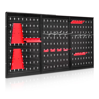 Pegboard Wall Organizer Kit with Drill Bit Storage Rack showing three black pegboards with red accessories