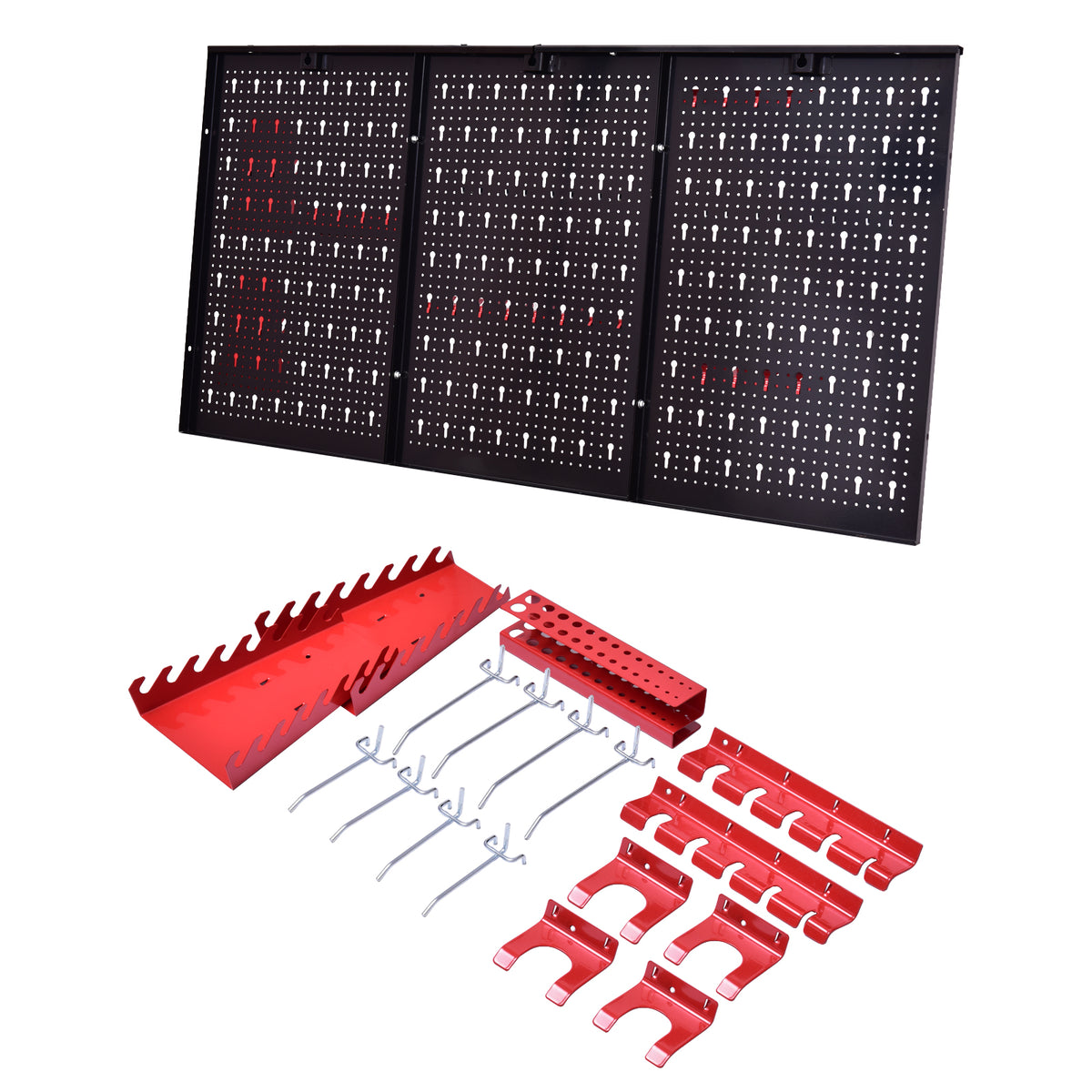 The pegboard wall organizer kit and its red accessories laid out separately