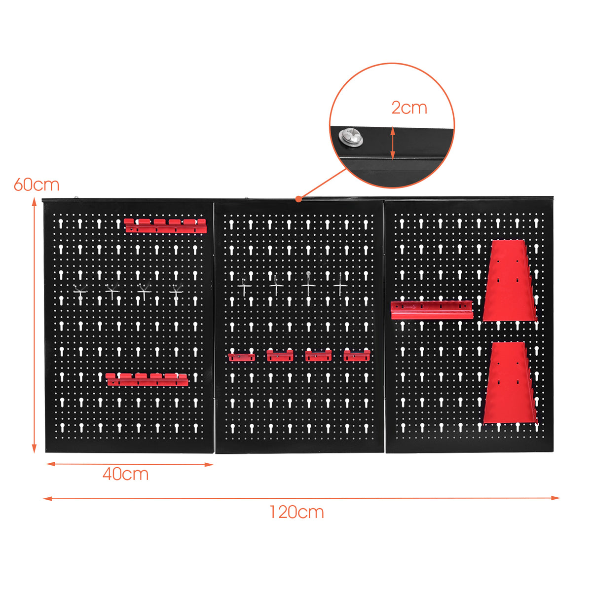 The pegboard wall organizer kit with dimensions indicated on the panels