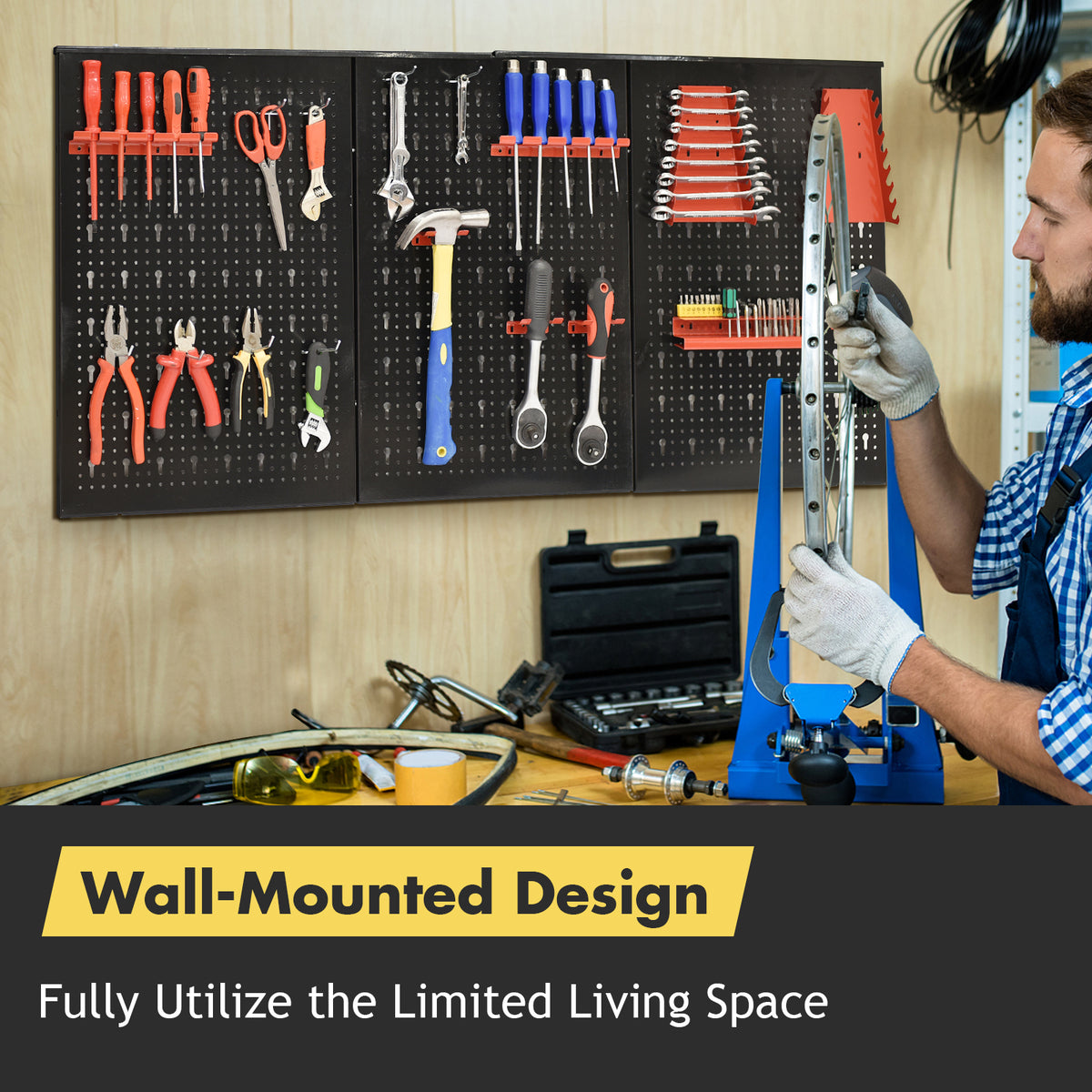 The wall mounted pegboard organizer system showing its space saving design
