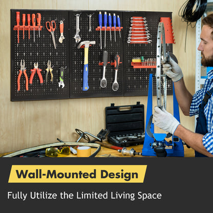 The wall mounted pegboard organizer system showing its space saving design