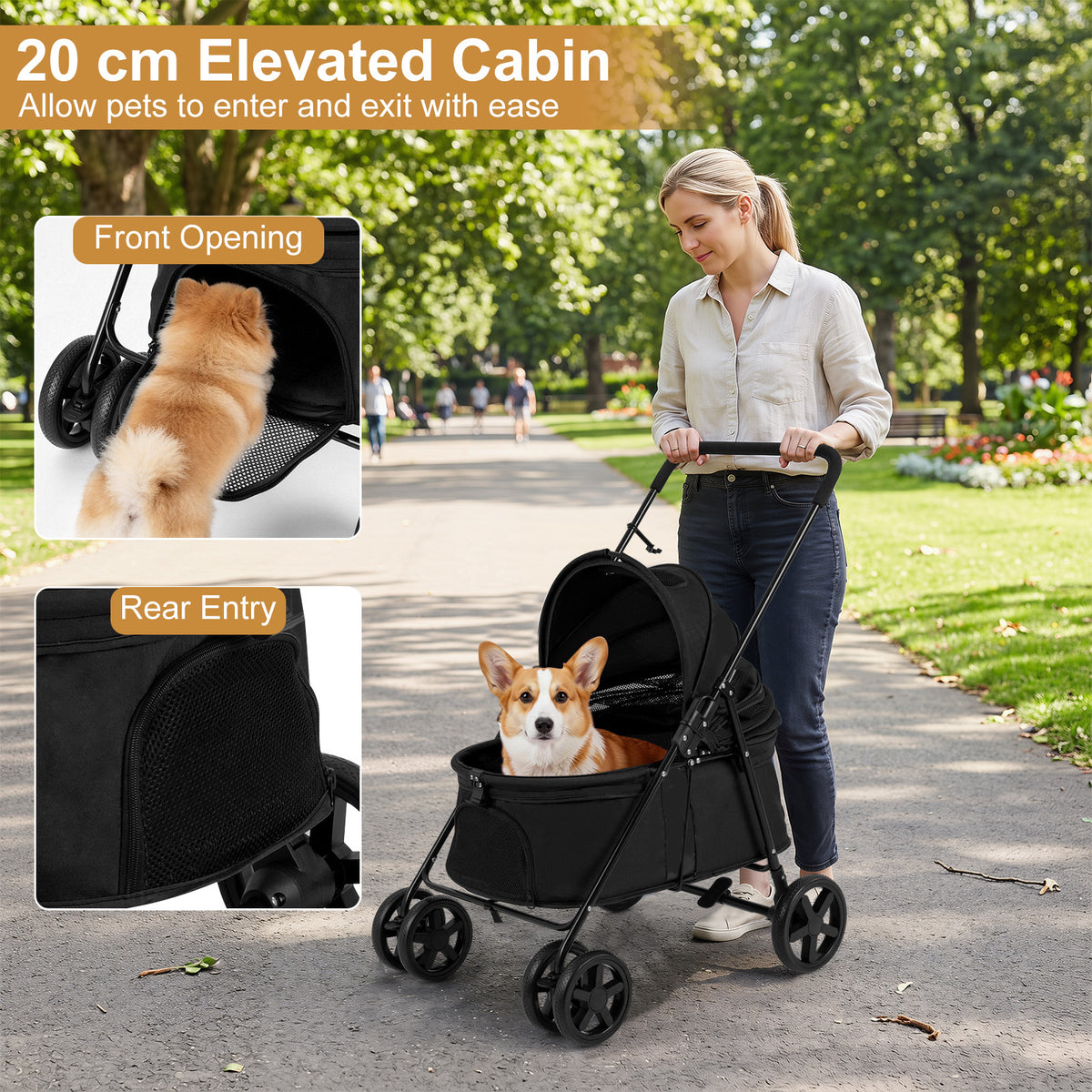 The dog stroller being pushed in a park with insets showing front and rear access
