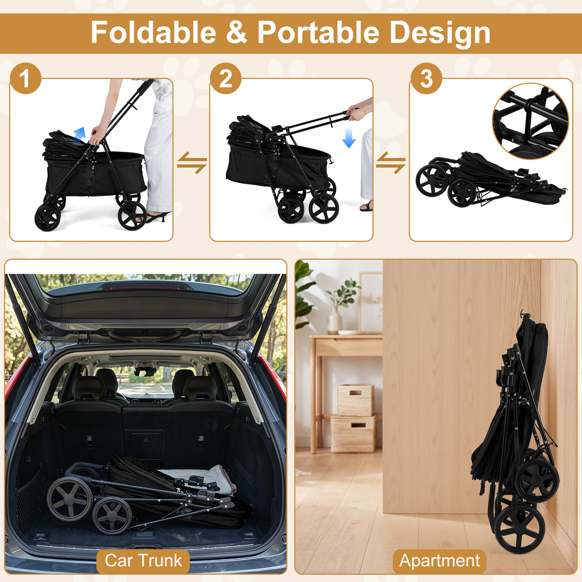 The dog stroller showing the folding process and storage in a car boot and home
