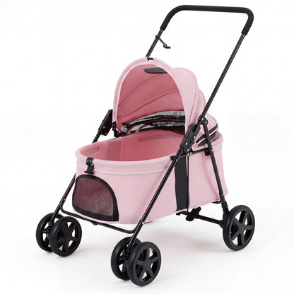 The dog stroller with the canopy open and mesh windows on a white background