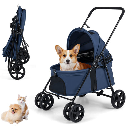 Pet Stroller for Small Medium Dogs with a navy canopy and a corgi sitting inside on a white background
