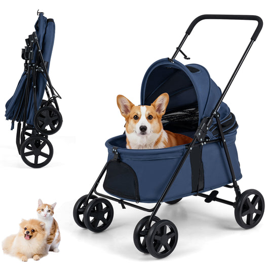 Pet Stroller for Small Medium Dogs with a navy canopy and a corgi sitting inside on a white background