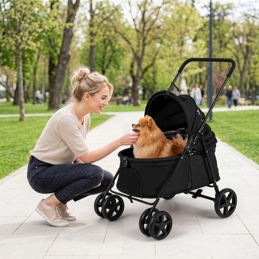 The dog stroller with a small dog inside being petted by a woman in a park