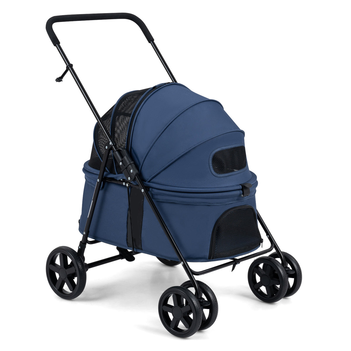 The dog stroller with the navy canopy fully closed on a plain white background